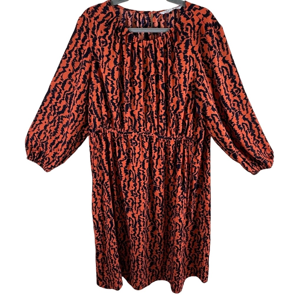 Elizabeth And James Orange Navy Blue 3/4 Balloon Sleeve Peasant Midi Dress Sz 2X